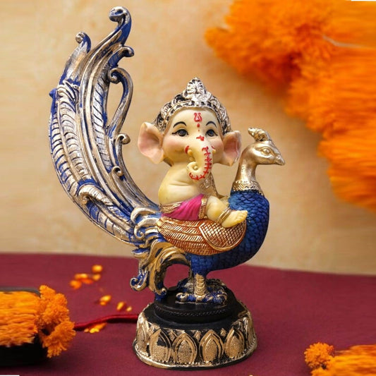 Multicolor Ganesh Sitting on Peacock Resin Statue | EnamorarDecor