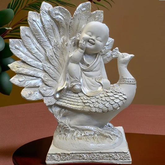 White Smiling Buddha Sitting on Peacock Resin Statue | EnamorarDecor