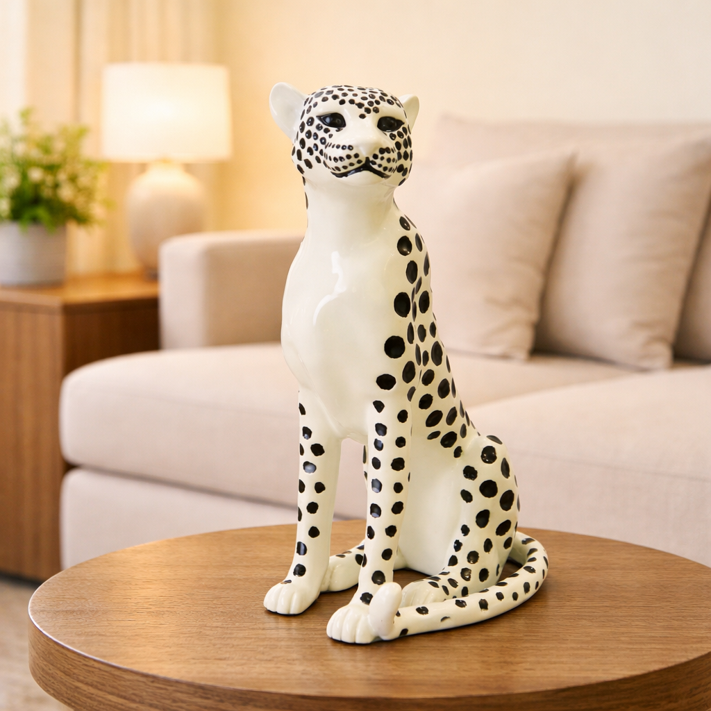 Luxury White Snow Small Cheetah Statue | EnamorarDecor