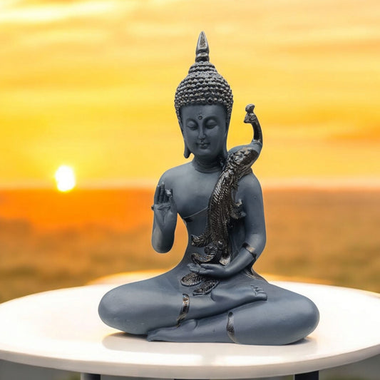 Black Color Buddha with Peacock on Shoulder Statue | EnamorarDecor