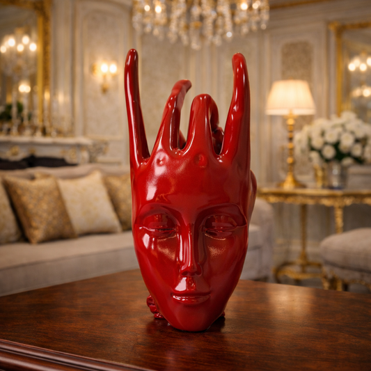 Luxury Regal Red Crowned Mudra Zen Face Statue | EnamorarDecor