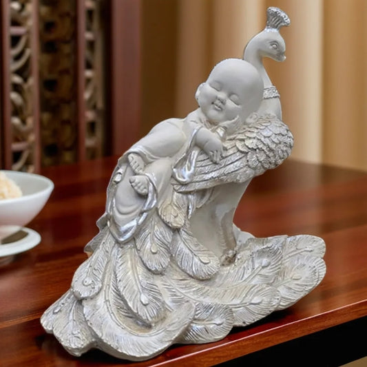 White Sleeping Buddha on Peacock Resin Statue | EnamorarDecor