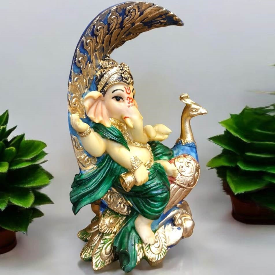 Multicolor Ganesha Sitting on Peacock Resin Statue | EnamorarDecor