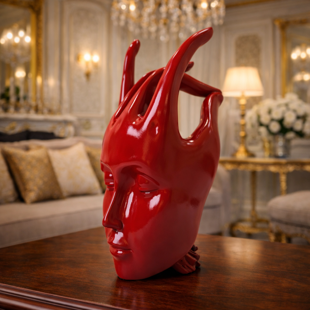 Luxury Regal Red Crowned Mudra Zen Face Statue | EnamorarDecor