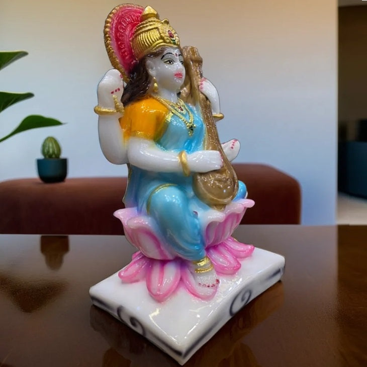 Small Goddess Saraswati Sitting on Lotus Statue | EnamorarDecor