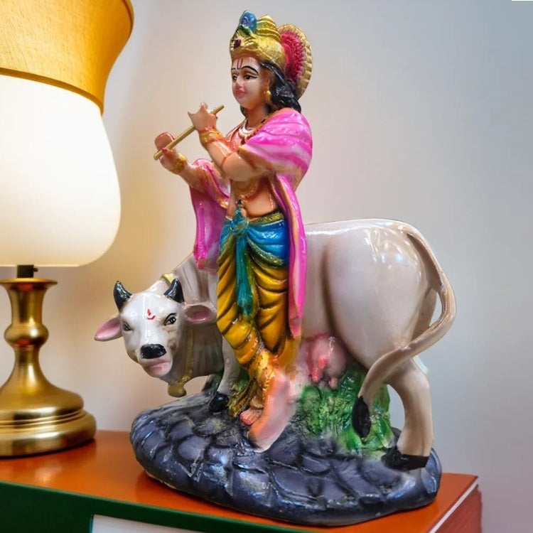 Multicolor Krishna Playing Flute with Cow Resin Statue | EnamorarDecor