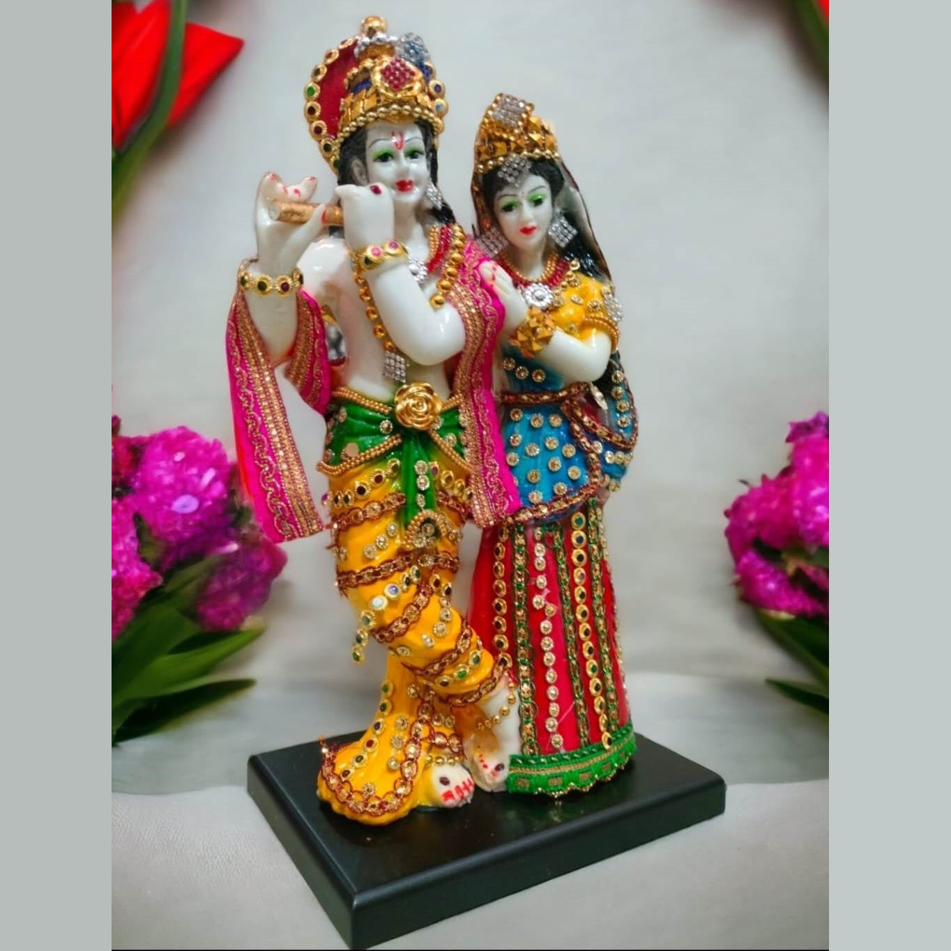 Multicolor Krishna Radha Standing Playing Flute Resin Statue | EnamorarDecor