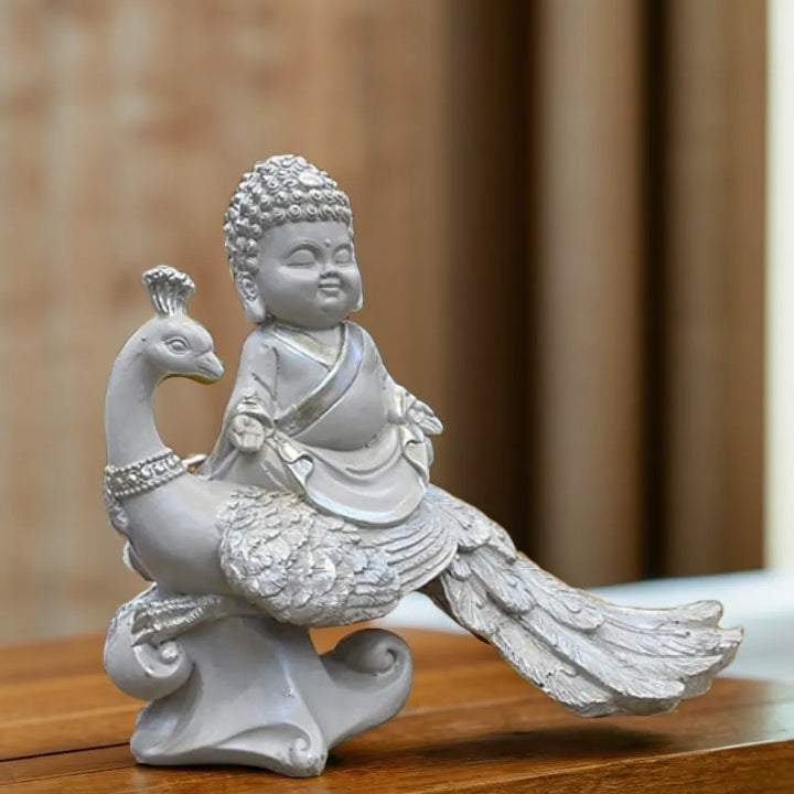 White Meditating Buddha Sitting on Peacock Resin Statue | EnamorarDecor