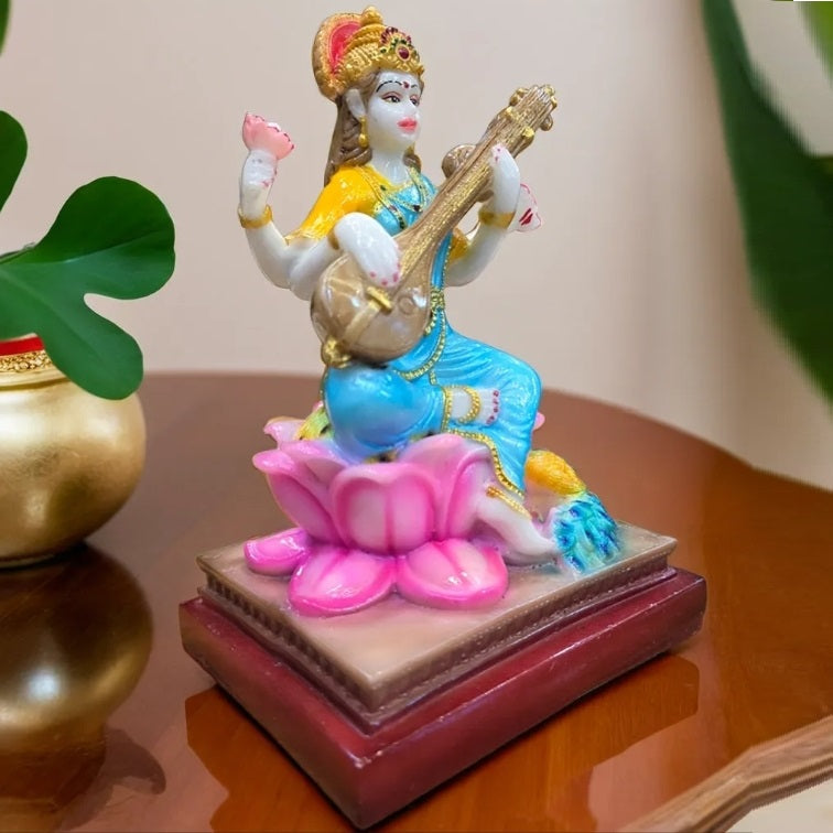 Medium Goddess Saraswati Sitting on Lotus Statue | EnamorarDecor