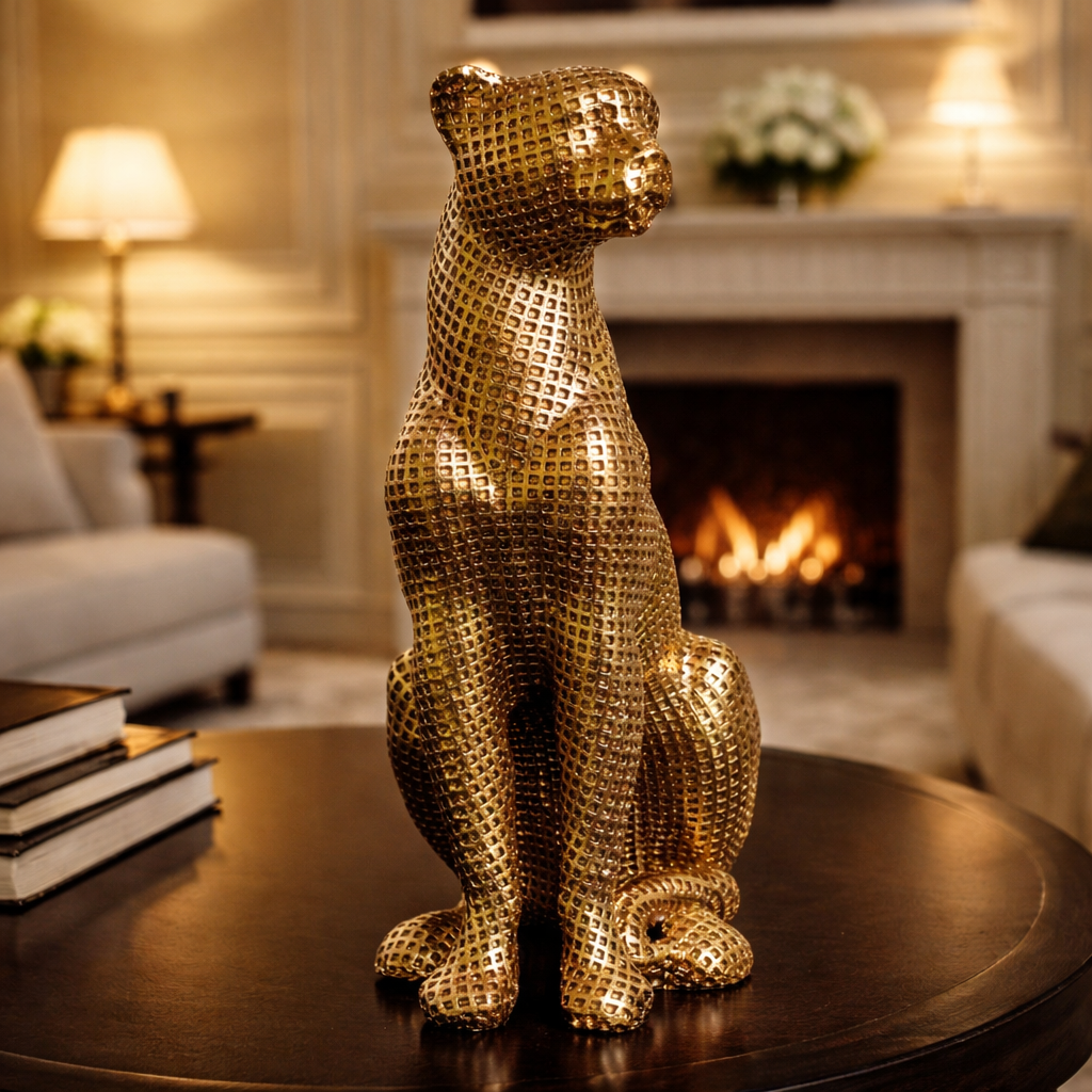 Luxury Golden Sitting Leopard Statue | EnamorarDecor