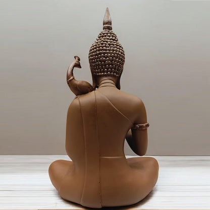 Brown Color Buddha with Peacock on Shoulder Statue | EnamorarDecor