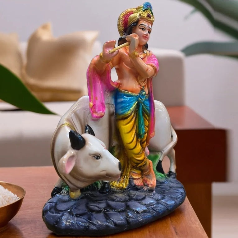 Multicolor Krishna Playing Flute with Cow Resin Statue | EnamorarDecor