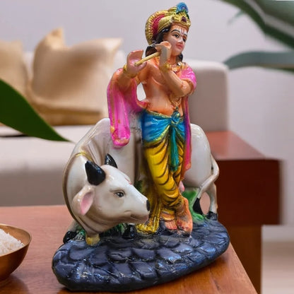 Multicolor Krishna Playing Flute with Cow Resin Statue | EnamorarDecor