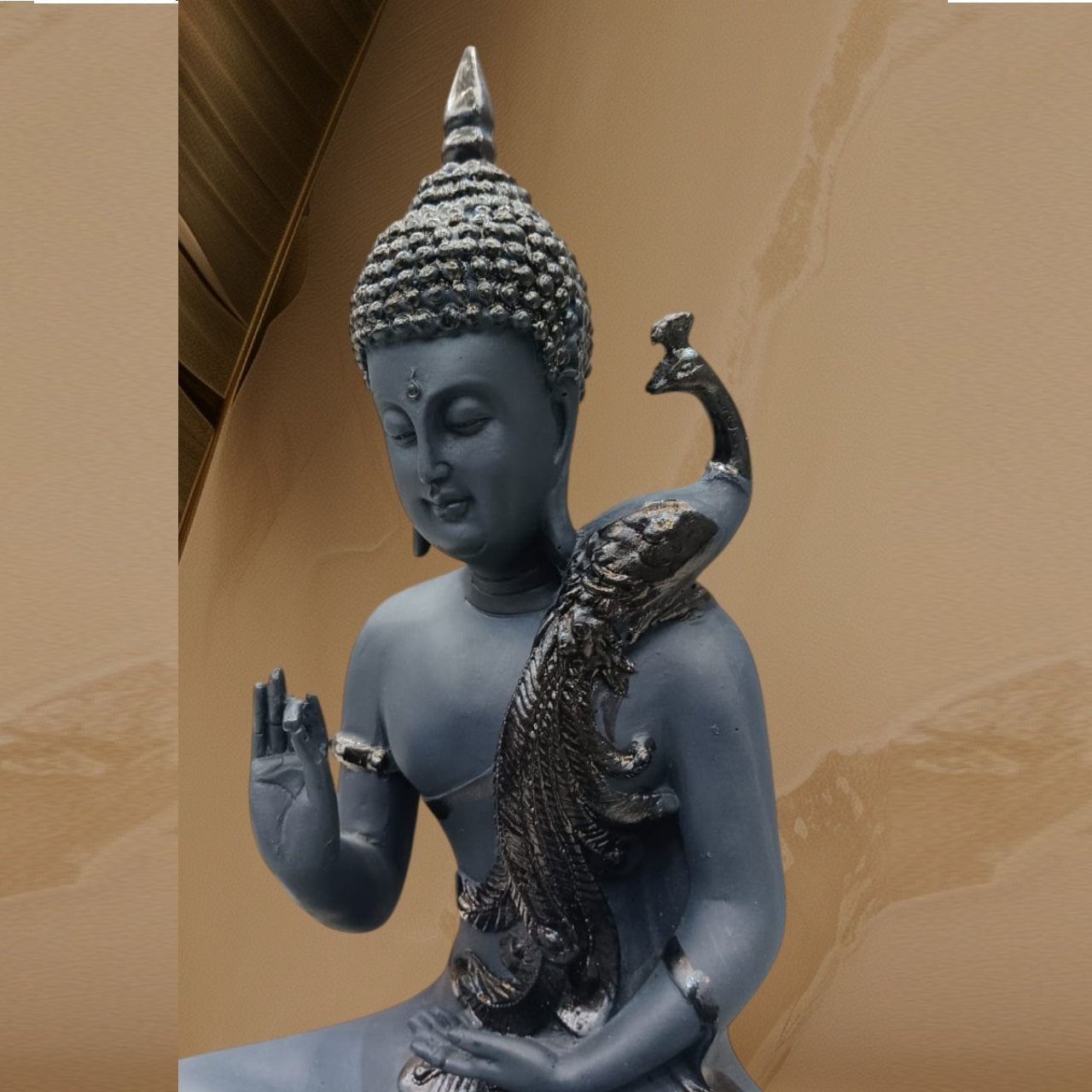 Black Color Buddha with Peacock on Shoulder Statue | EnamorarDecor