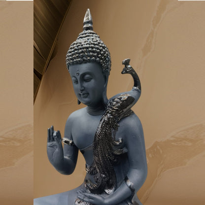 Black Color Buddha with Peacock on Shoulder Statue | EnamorarDecor