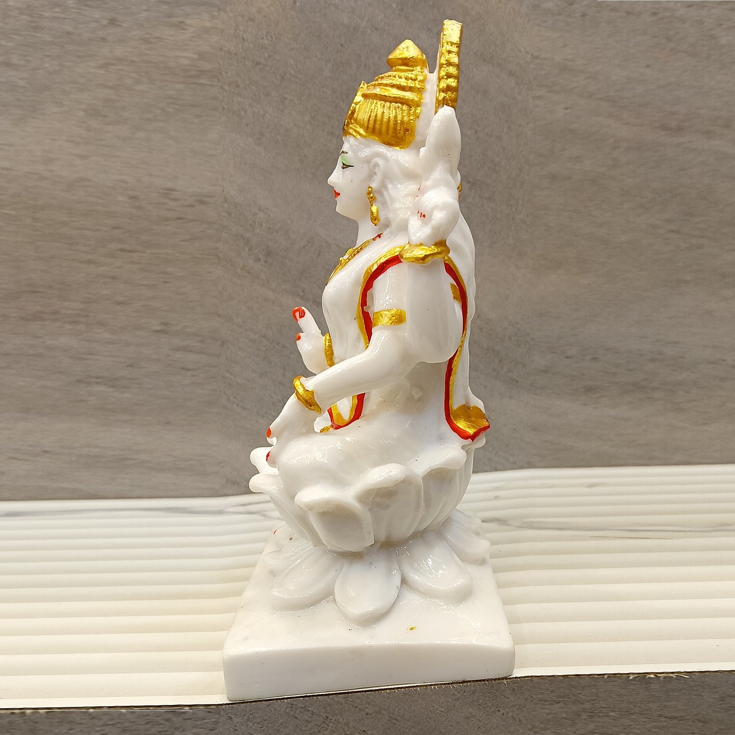 Marble Finish Goddess Laxmi Sitting on Kamal Statue | EnamorarDecor