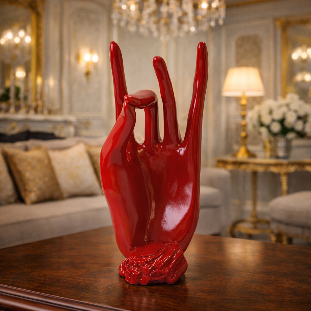 Luxury Regal Red Crowned Mudra Zen Face Statue | EnamorarDecor