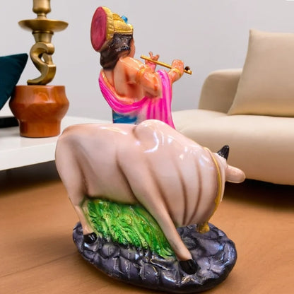 Multicolor Krishna Playing Flute with Cow Resin Statue | EnamorarDecor