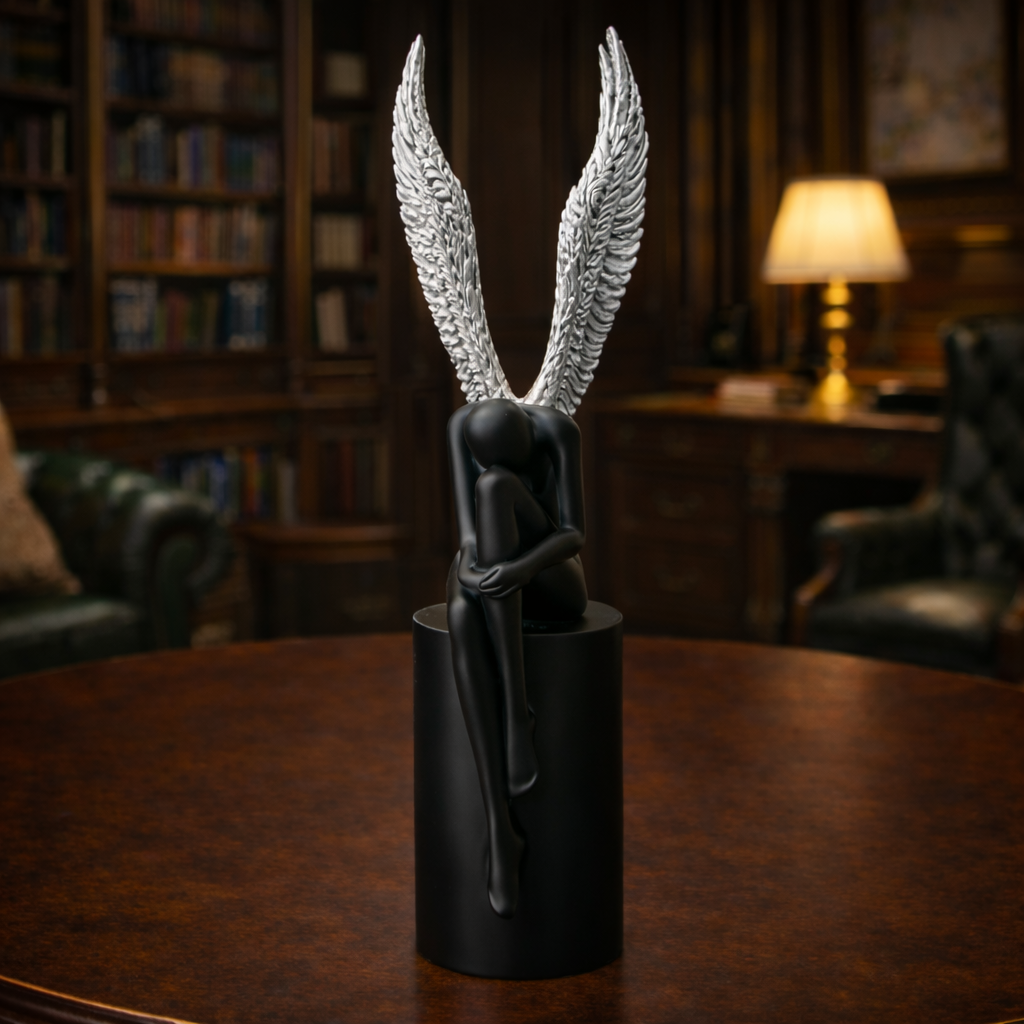 Silver Wings Black Angel Sculpture | EnamorarDecor