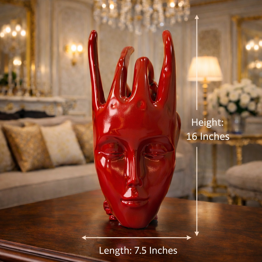 Luxury Regal Red Crowned Mudra Zen Face Statue | EnamorarDecor