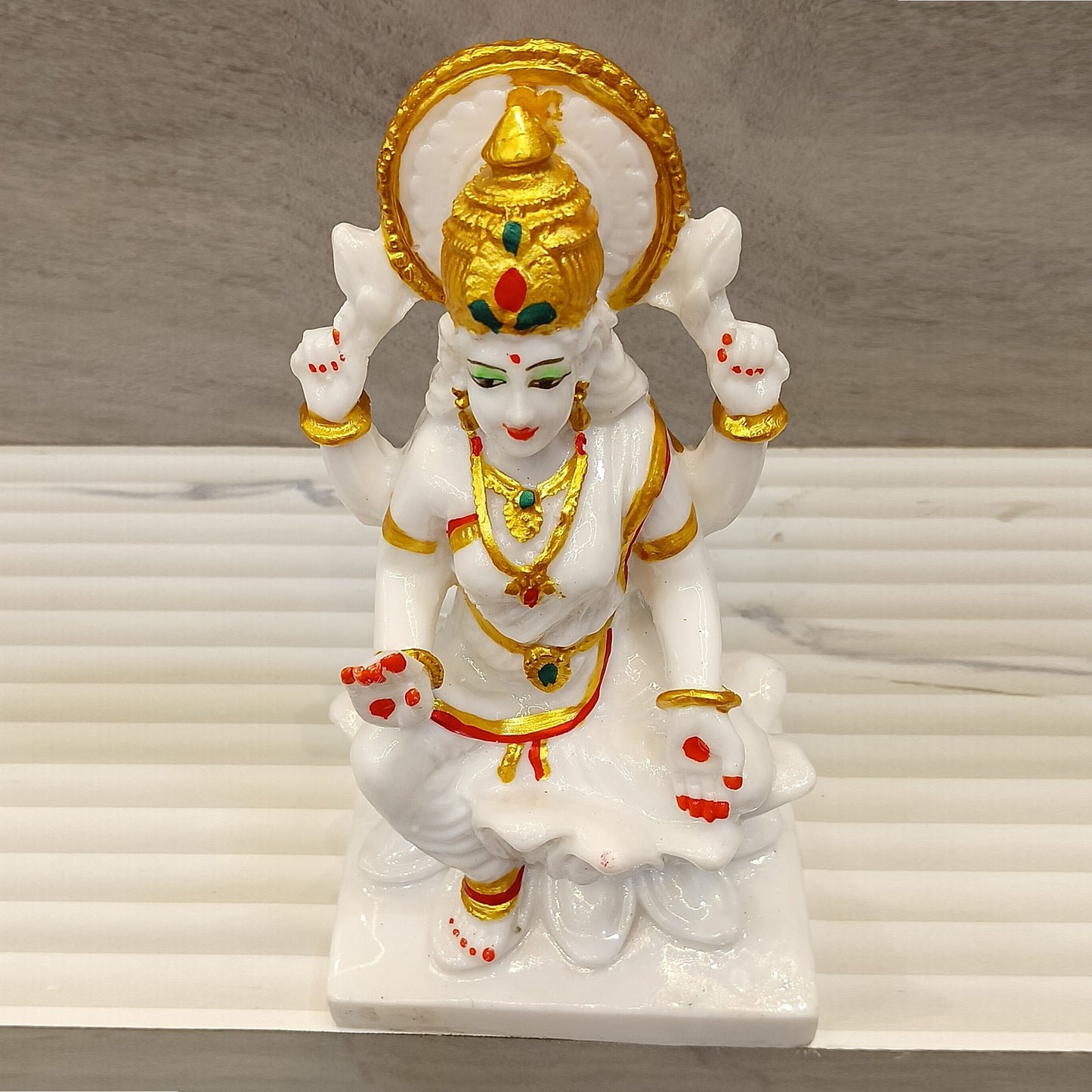 Marble Finish Goddess Laxmi Sitting on Kamal Statue | EnamorarDecor