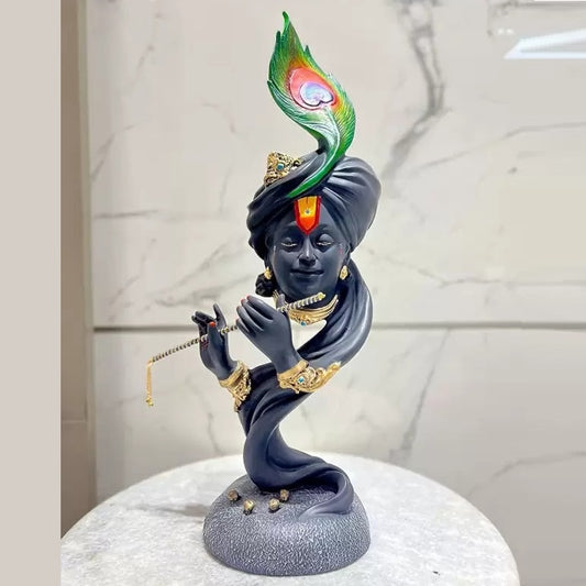 Black Color Krishna Face Playing Flute Resin Statue | EnamorarDecor
