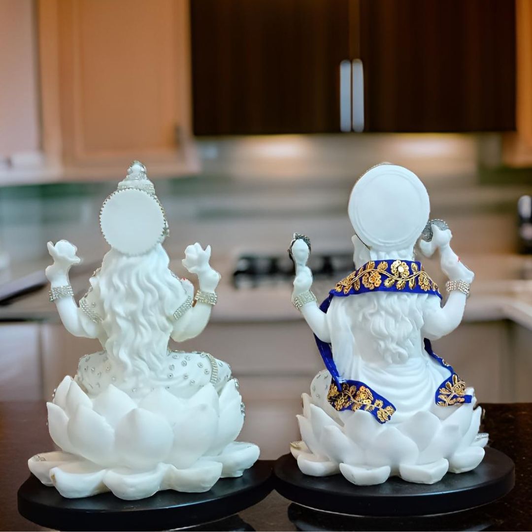 Antique White Marble Laxmi Ganesh on Kamal Idol | EnamorarDecor