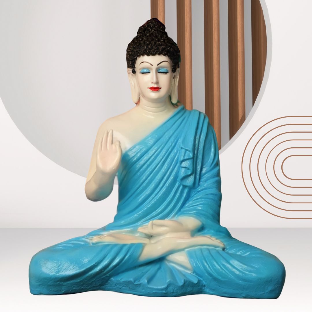 Antique 2 Feet Blue White Meditating Buddha Idol Sculpture | EnamorarDecor