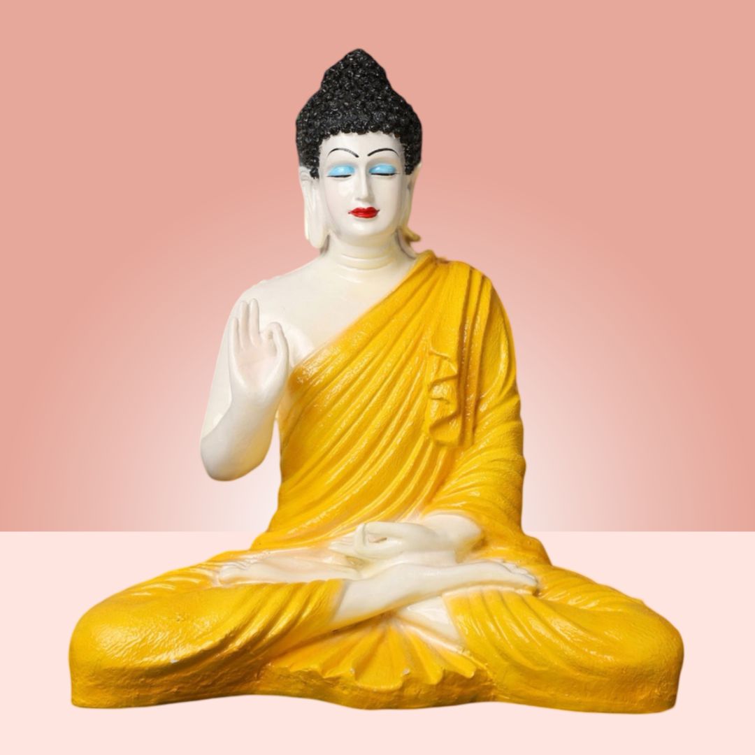 Antique 2 Feet Yellow Meditating Buddha Idol Sculpture | EnamorarDecor