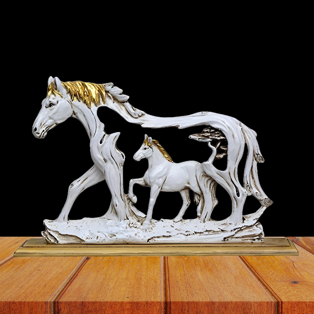 Antique Horse with Baby Horse Sculpture (White) | EnamorarDecor