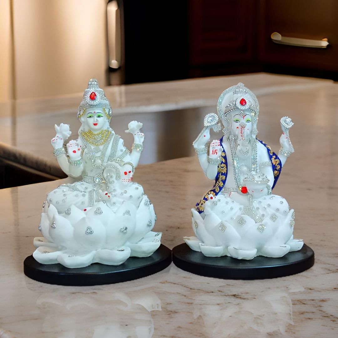 Antique White Marble Laxmi Ganesh on Kamal Idol | EnamorarDecor