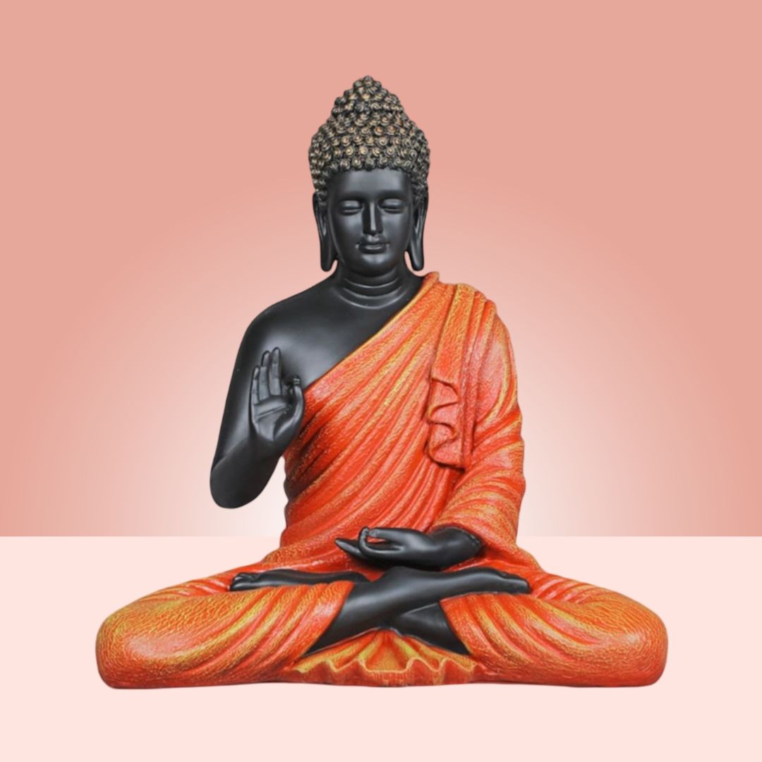 Antique 2 Feet Orange Meditating Buddha Idol Sculpture | EnamorarDecor