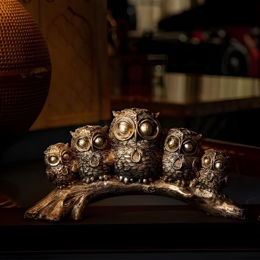 5 Owls Sitting on a Branch Antique Sculpture (Golden) | EnamorarDecor