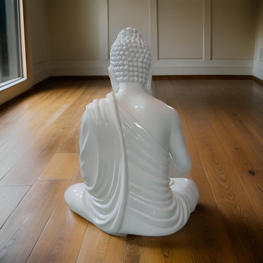 Antique 2 Feet Meditating Buddha Idol White Sculpture | EnamorarDecor