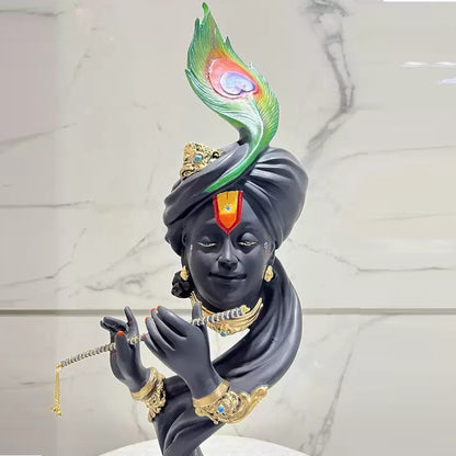 Black Color Krishna Face Playing Flute Resin Statue | EnamorarDecor