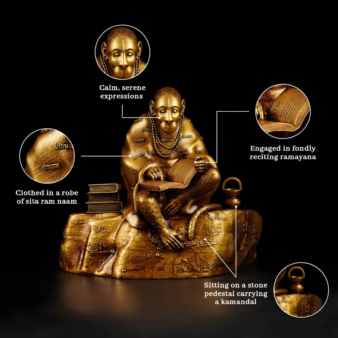 Hanuman ji Reading Ramayana Antique Sculpture (Golden) | EnamorarDecor