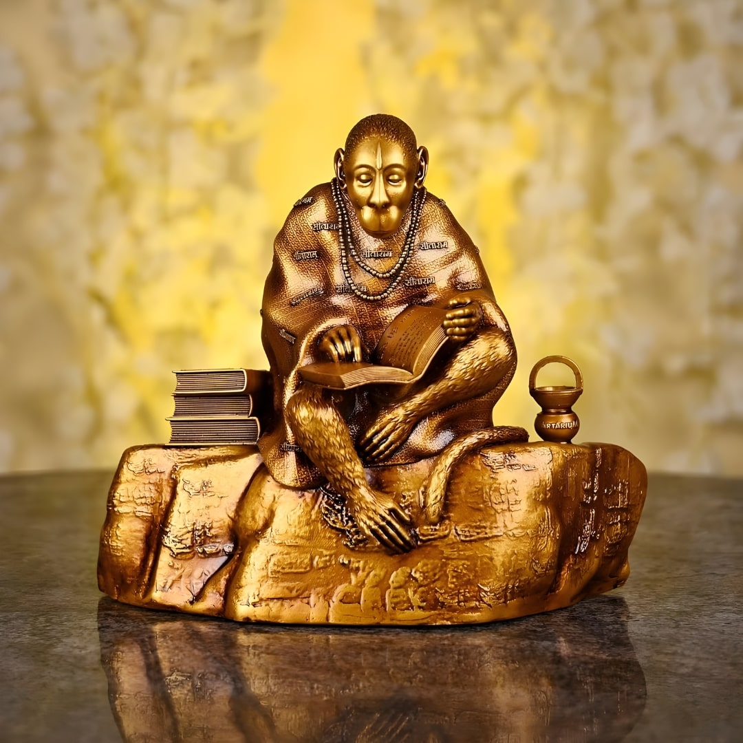 Hanuman ji Reading Ramayana Antique Sculpture (Golden) | EnamorarDecor