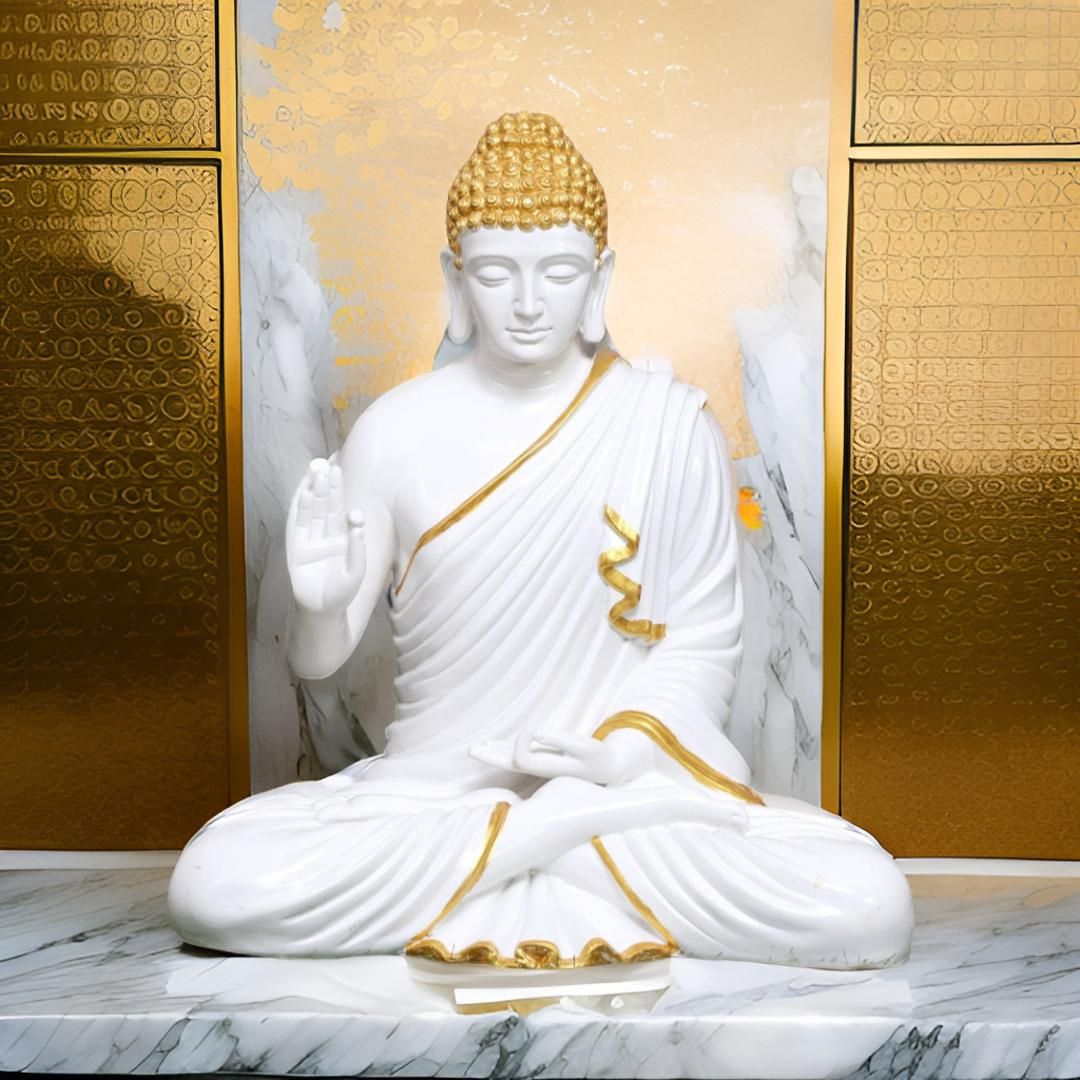 Antique 2 Feet Meditating Buddha Idol White Sculpture | EnamorarDecor