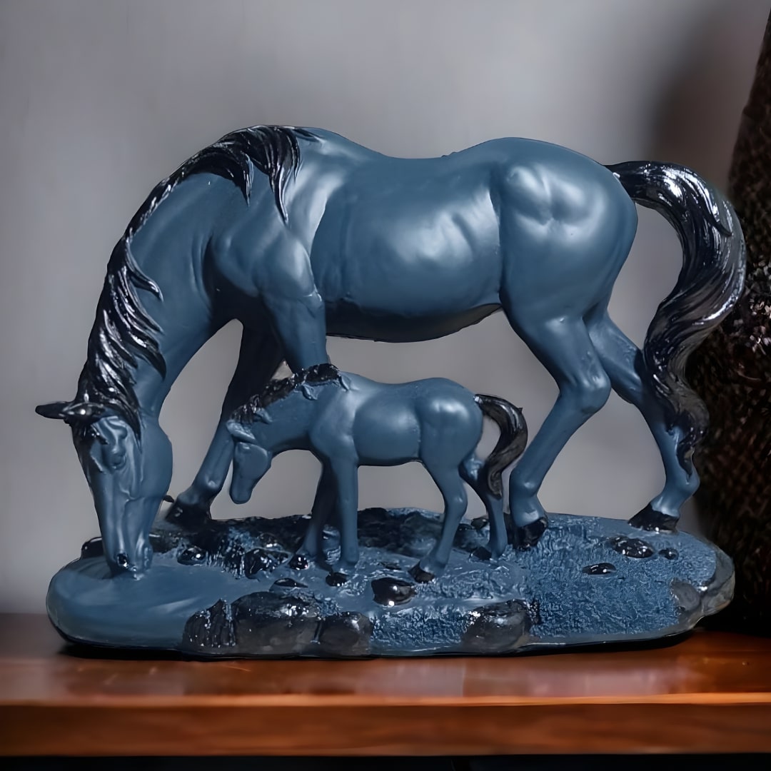 Antique Mother & Baby Horses Drinking Water Sculptures | EnamorarDecor