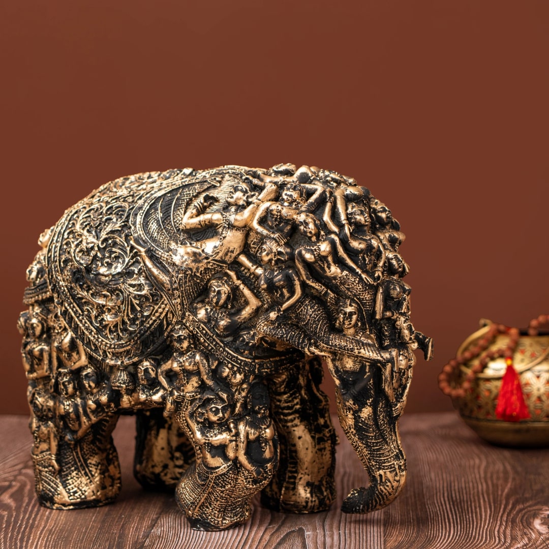 Antique Majestic Elephant with Lady Figures Sculpture (Golden) | EnamorarDecor