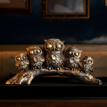 5 Owls Sitting on a Branch Antique Sculpture (Golden) | EnamorarDecor