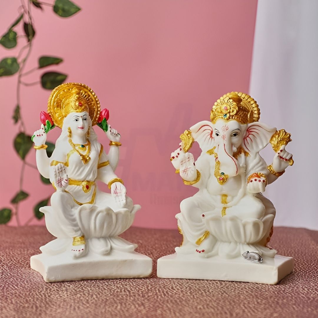 Antique White Marble Laxmi Ganesh Idol Sculpture | EnamorarDecor