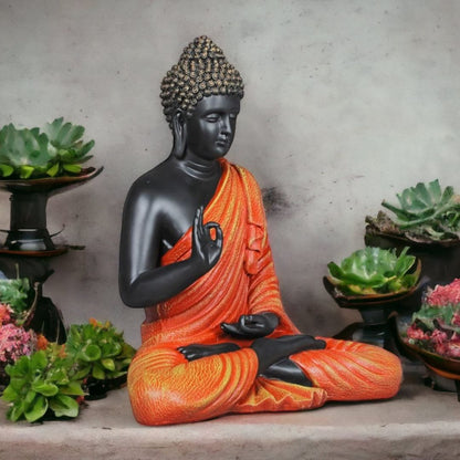 Antique 2 Feet Orange Meditating Buddha Idol Sculpture | EnamorarDecor