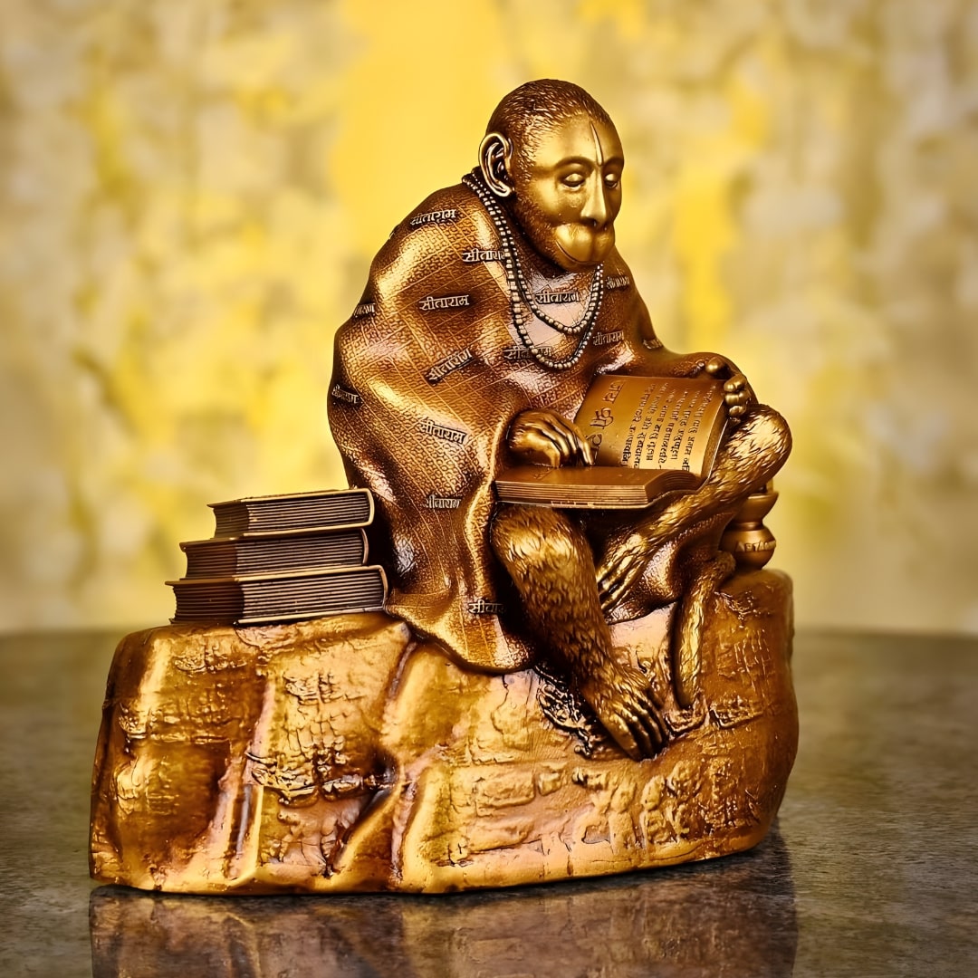 Hanuman ji Reading Ramayana Antique Sculpture (Golden) | EnamorarDecor