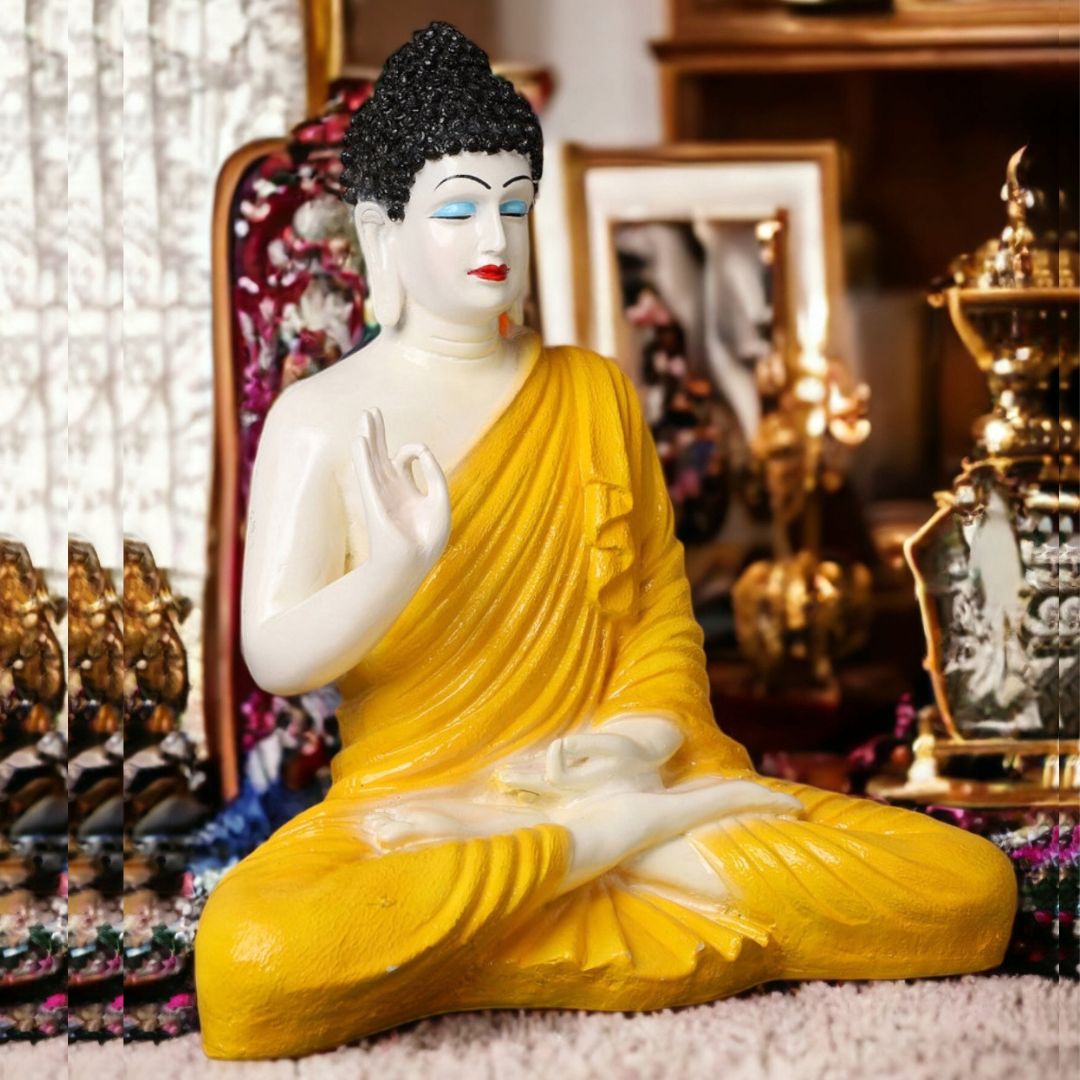 Antique 2 Feet Yellow Meditating Buddha Idol Sculpture | EnamorarDecor