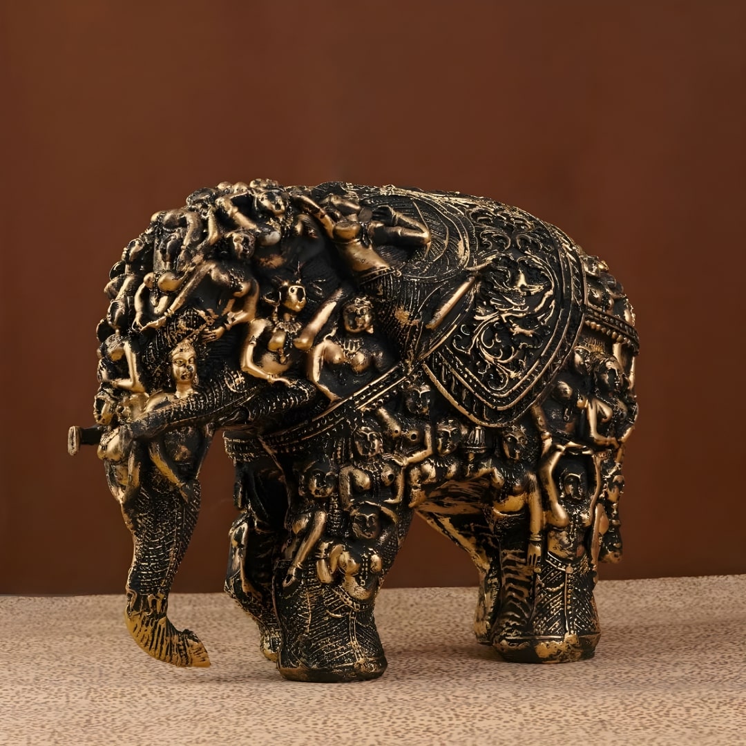 Antique Majestic Elephant with Lady Figures Sculpture (Golden) | EnamorarDecor