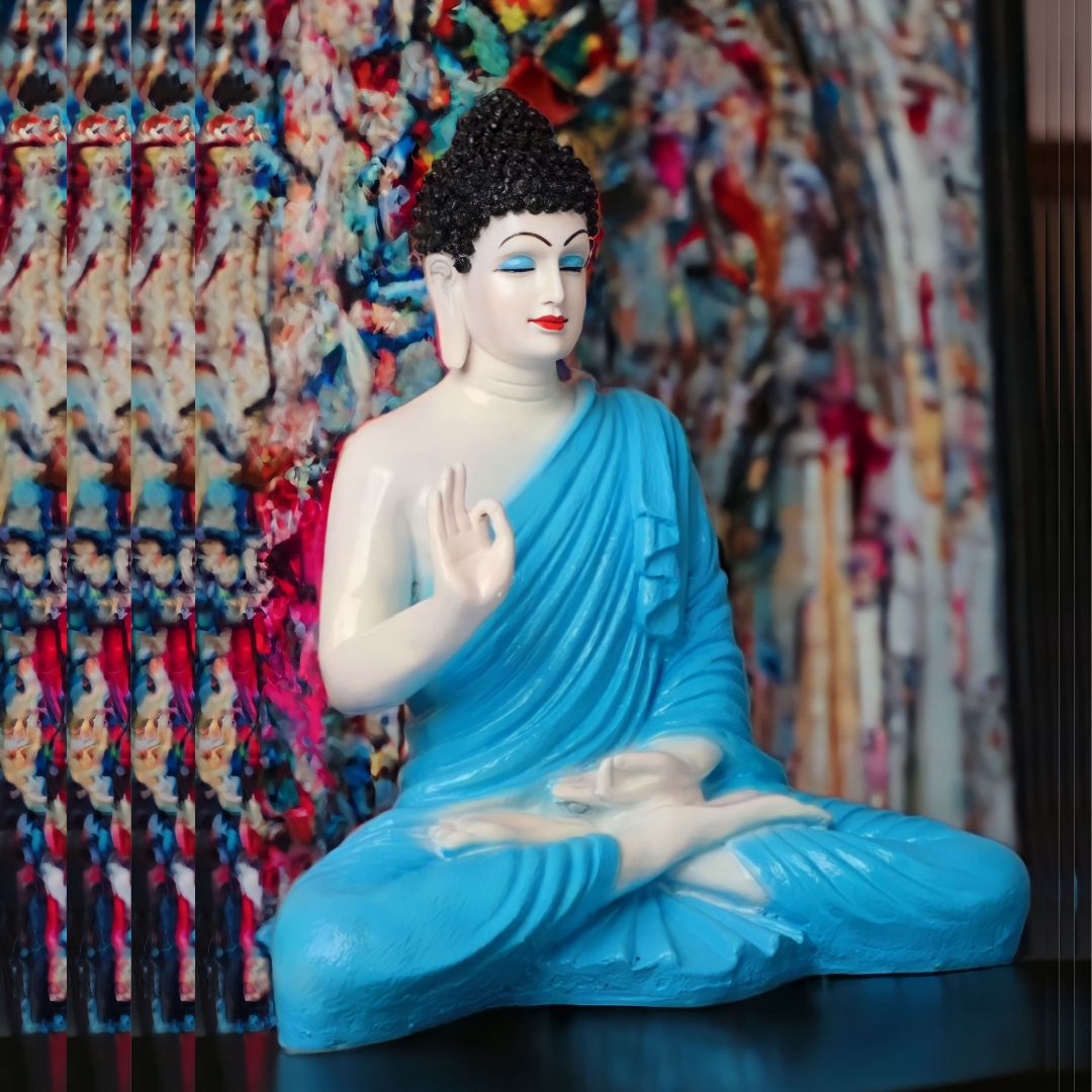 Antique 2 Feet Blue White Meditating Buddha Idol Sculpture | EnamorarDecor