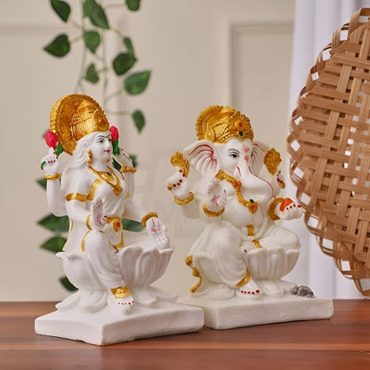 Antique White Marble Laxmi Ganesh Idol Sculpture | EnamorarDecor