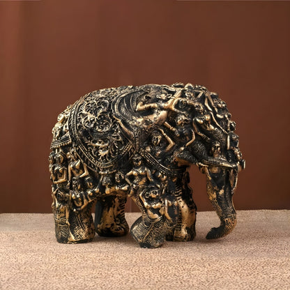 Antique Majestic Elephant with Lady Figures Sculpture (Golden) | EnamorarDecor