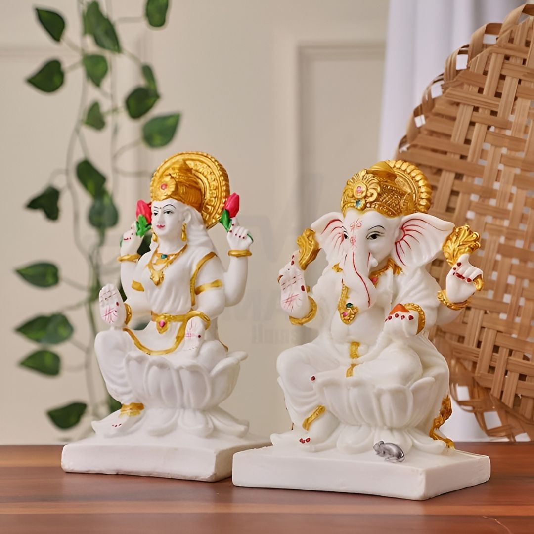 Antique White Marble Laxmi Ganesh Idol Sculpture | EnamorarDecor